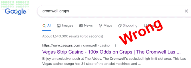 Craps at Cromwell falsely listed as 100x odds.